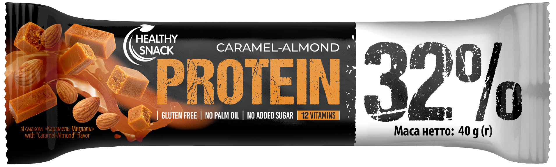 Protein bar for sports nutrition with Caramel-Almond flavor, glazed